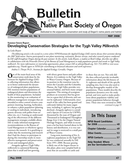 Bulletin of the Native Plant Society of Oregon Dedicated to the Enjoyment, Conservation and Study of Oregon’S Native Plants and Habitat Volume 41, No