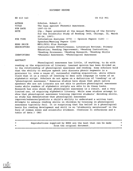 DOCUMENT RESUME CS 012 901 AUTHOR 23P.; Paper Presented at the Annual Meeting of the Society for the Scientific Study of Reading