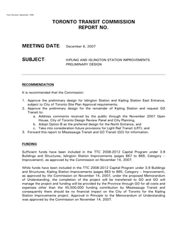 Toronto Transit Commission Report No. Meeting Date