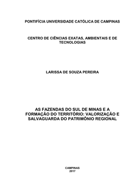 As Fazendas Do Sul De Minas E a Formação Do Território: Valorização E Salvaguarda Do Patrimônio Regional