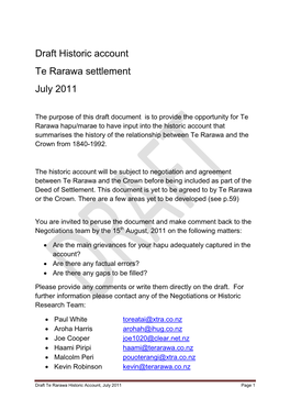 Draft Historic Account Te Rarawa Settlement July 2011