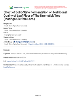 Effect of Solid-State Fermentation on Nutritional Quality of Leaf Flour of the Drumstick Tree (Moringa Oleifera Lam.)