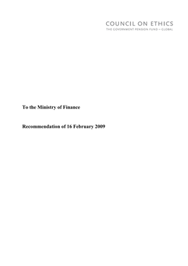 To the Ministry of Finance Recommendation of 16 February 2009
