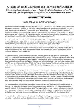 A Taste of Text: Source Based Learning for Shabbat This Weekly Sheet Is Brought to You by Rabbi Dr