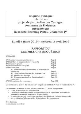 Enquête Publique Relative Au Projet De Parc Éolien Des Terrages, Commune De Plaisance, Présenté Par La Société Enertrag Poitou-Charentes IV