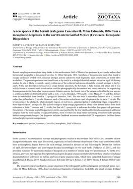 A New Species of the Hermit Crab Genus Cancellus H. Milne Edwards