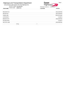 Highways and Transportation Department Page 1 List Produced Under Section 36 of the Highways Act