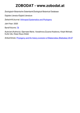 Phylogeny and Life History Evolution of Blaberoidea (Blattodea) 29-67 78 (1): 29 – 67 2020