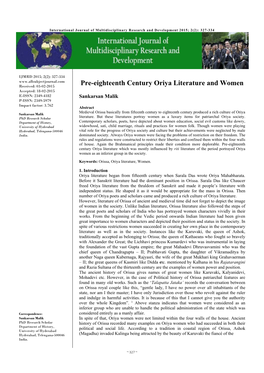 Pre-Eighteenth Century Oriya Literature and Women Accepted: 18-02-2015 E-ISSN: 2349-4182 Sankarsan Malik P-ISSN: 2349-5979 Impact Factor: 3.762 Abstract