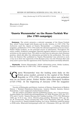 'Gazeta Warszawska' on the Russo-Turkish War (The 1789 Campaign)