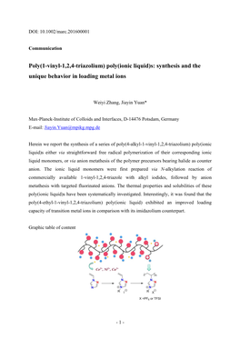 Poly(Ionic Liquid)S: Synthesis and the Unique Behavior in Loading Metal Ions