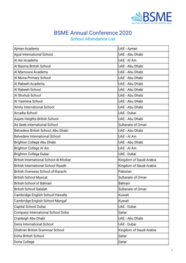 BSME Annual Conference 2020 School Attendance List