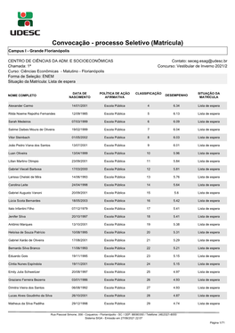 Convocação - Processo Seletivo (Matrícula) Campus I - Grande Florianópolis