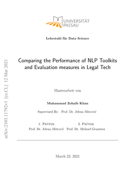 Comparing the Performance of NLP Toolkits and Evaluation Measures in Legal Tech