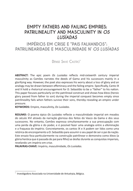 Empty Fathers and Failing Empires: Patrilineality and Masculinity in Os Lusíadas Impérios Em Crise E “Pais Falhandos”: Patrilinearidade E Masculinidade N’ Os Lusíadas