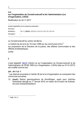 1 Loi Sur L'organisation Du Conseil-Exécutif Et De L'administration (Loi D'organisation, LOCA) Modification Du 22.11.2017 Le C