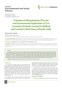 Evaluation of Phytoplankton Diversity and Environmental Implications of Two Lacustrine Wetlands, Located in Midland and Lowland Critical Zones of Kerala, India