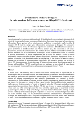 La Valorizzazione Del Santuario Nuragico Di Irgoli (NU, Sardegna)
