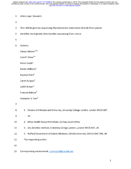 Whole Genome Sequencing Mycobacterium Tuberculosis Directly from Sputum