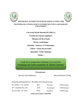 Etude De La Composition Chimique Et Les Activités Biologiques Des Huiles Essentielles De Thymus Capitatus