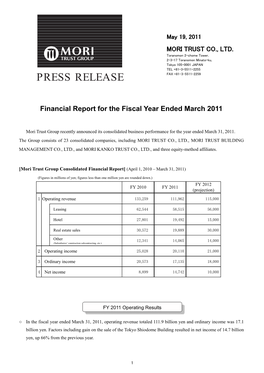 Mori Trust Group Financial Report for the Fiscal Year Ended March 2011