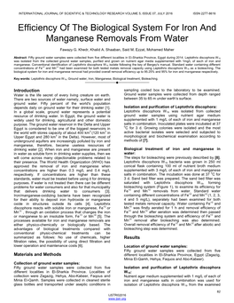 Efficiency of the Biological System for Iron and Manganese Removals from Water