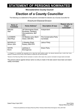 STATEMENT of PERSONS NOMINATED Bromsgrove