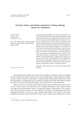 Current Status and Future Prospects of Drug Eluting Stents for Restenosis