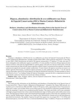 Riqueza, Abundancia E Distribución De Aves Nidificantes Nas Zonas De Especial Conservación (Zecs) Macizo Central E Bidueiral De Montederramo