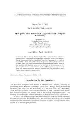 Mathematisches Forschungsinstitut Oberwolfach Multiplier Ideal Sheaves in Algebraic and Complex Geometry