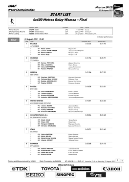 START LIST 4X400 Metres Relay Women - Final