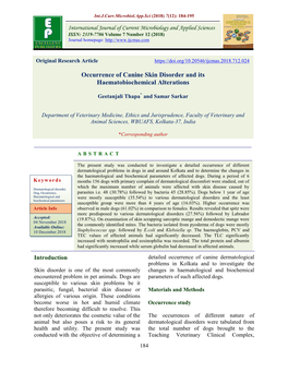 Occurrence of Canine Skin Disorder and Its Haematobiochemical Alterations