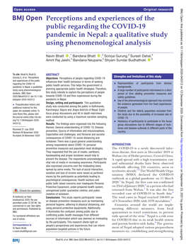 Perceptions and Experiences of the Public Regarding the COVID-19 Pandemic in Nepal: a Qualitative Study Using Phenomenological Analysis
