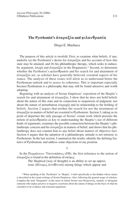 The Pyrrhonist's Άταραξία and Φιλανθρωπία