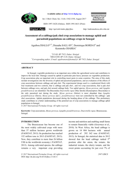 Assessment of a Cabbage/Pak Choï Crop Association to Manage Aphid and Parasitoid Populations on Cabbage Crops in Senegal