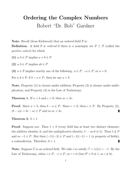 Ordering the Complex Numbers Robert “Dr. Bob” Gardner