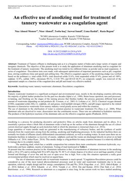 An Effective Use of Anodizing Mud for Treatment of Tannery Wastewater As a Coagulation Agent