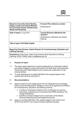 Report to Councillor Kevin Bentley, Deputy Leader and Cabinet