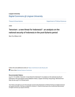 Terrorism : a New Threat for Indonesia? : an Analysis on the National Security of Indonesia in the Post-Suharto Period