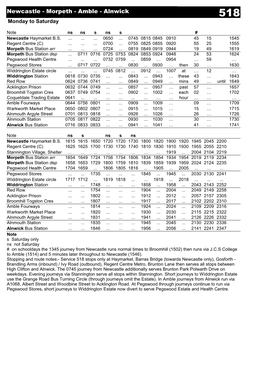 Newcastle - Morpeth - Amble - Alnwick 518 Monday to Saturday