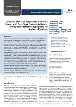 Outcomes of in Vitro Fertilization in Infertile Patients with Early-Stage Endometrial Cancer Or Atypical Endometrial Hyperplasia