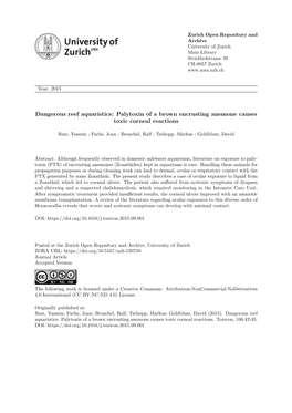 Dangerous Reef Aquaristics: Palytoxin of a Brown Encrusting Anemone Causes Toxic Corneal Reactions