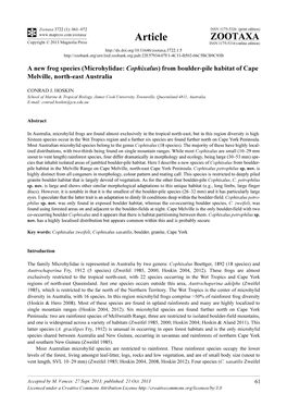 A New Frog Species (Microhylidae: Cophixalus) from Boulder-Pile Habitat of Cape Melville, North-East Australia