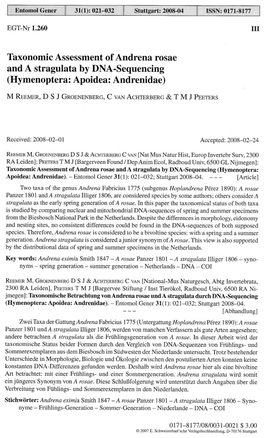 Taxonomie Assessment of Andrena Rosae and a Stragulata by DNA-Sequencing (Hymenoptera: Apoidea: Andrenidae)