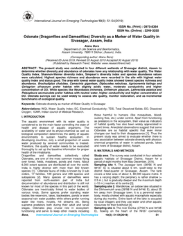 Odonate (Dragonflies and Damselflies) Diversity As a Marker of Water