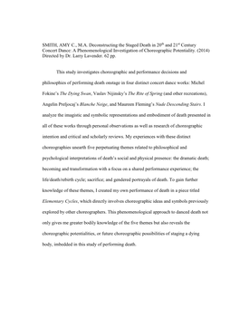 SMITH, AMY C., M.A. Deconstructing the Staged Death in 20Th and 21St Century Concert Dance: a Phenomenological Investigation of Choreographic Potentiality