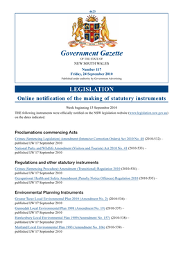 Government Gazette of the STATE of NEW SOUTH WALES Number 117 Friday, 24 September 2010 Published Under Authority by Government Advertising
