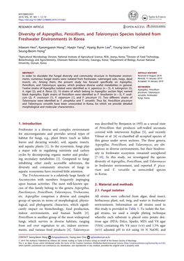 Diversity of Aspergillus, Penicillium, and Talaromyces Species Isolated from Freshwater Environments in Korea