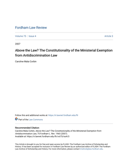 Above the Law? the Constitutionality of the Ministerial Exemption from Antidiscrimination Law
