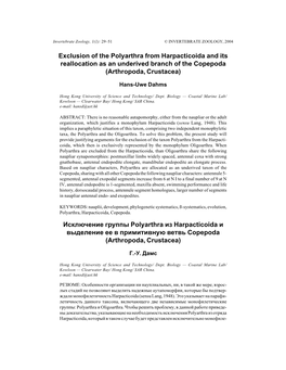 Exclusion of the Polyarthra from Harpacticoida and Its Reallocation As an Underived Branch of the Copepoda (Arthropoda, Crustacea)